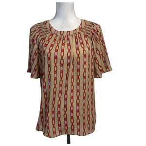 Ann Taylor Blouse Top size Small Khaki Red Pink Chain Print Smocked Stretch